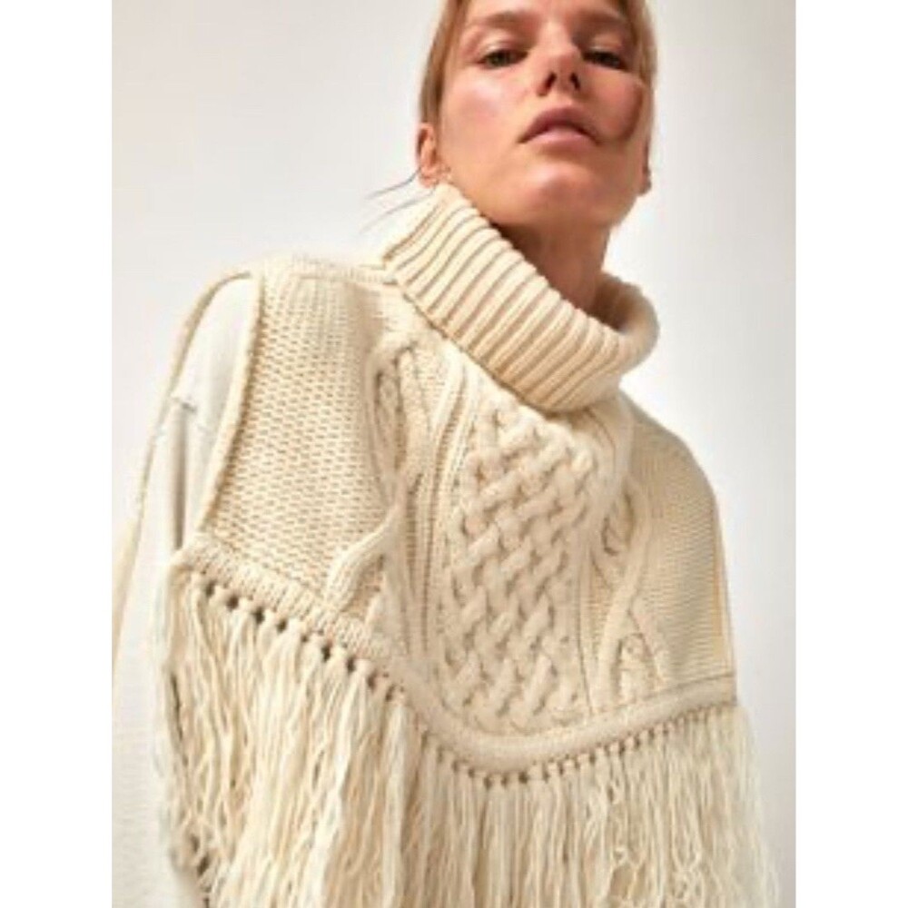Wool Cable Chunky Lagenlook Knit Vintage Warm Poncho Roll Neck Fisherman Rare OS